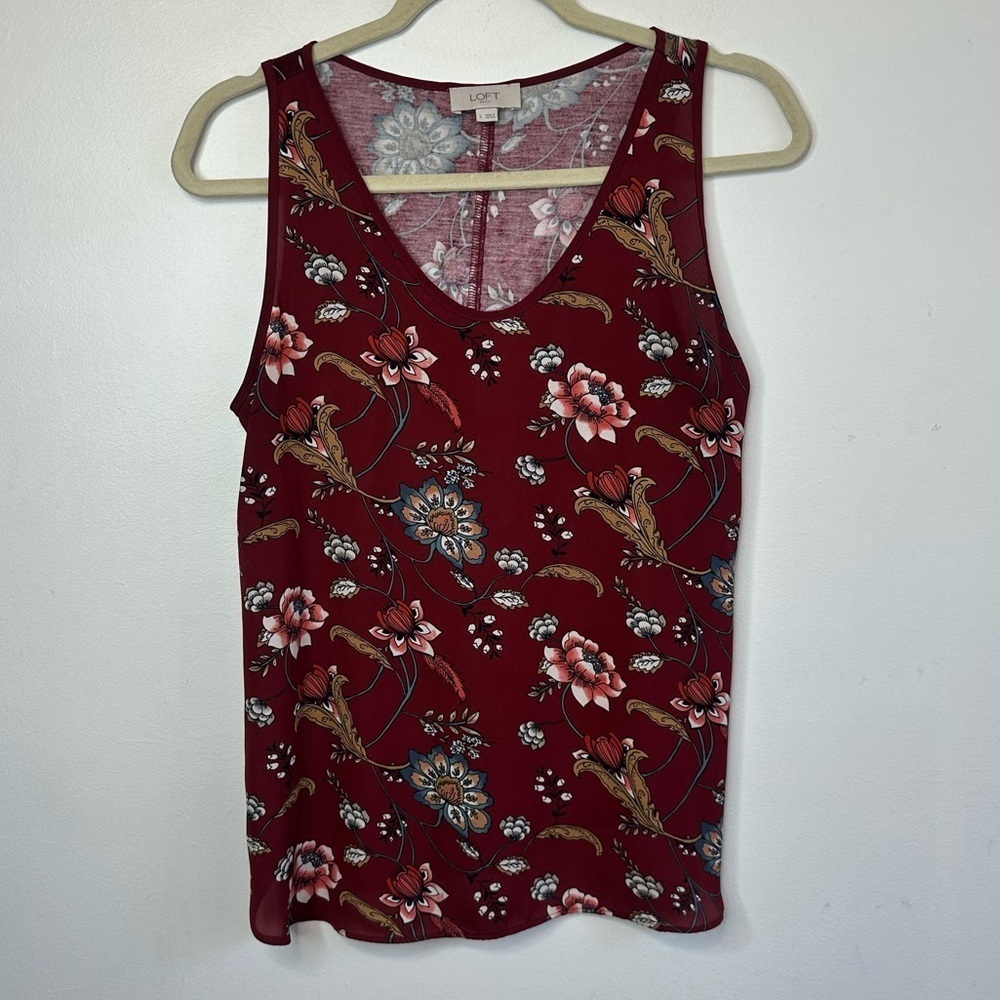 LOFT S Small Womens Floral Sleeveless V-Neck Lightweight Tank Blouse Maroon Red